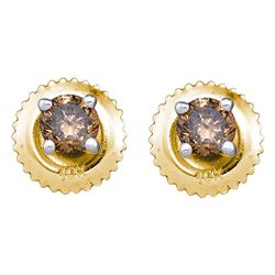 0.25 CTW Cognac-brown Color Diamond Solitaire Stud Earrings 10KT Yellow Gold - REF-10W5K