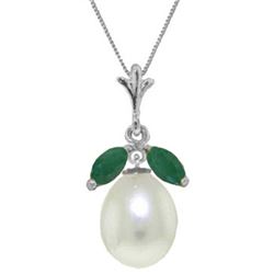 Genuine 4.5 ctw Pearl & Emerald Necklace Jewelry 14KT White Gold - REF-25W8Y