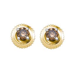 0.50 CTWCognac-brown Color Diamond Solitaire Stud Earrings 10KT Yellow Gold - REF-22K4W