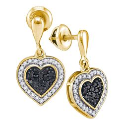 0.50 CTWBlack Color Diamond Heart Dangle Earrings 10KT Yellow Gold - REF-30X2Y