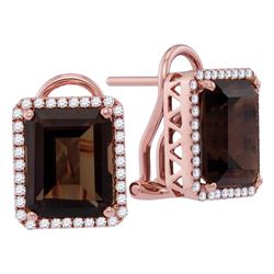 6.85 CTW Emerald-shape Smoky Quartz Diamond Stud Earrings 14KT Rose Gold - REF-79Y4X