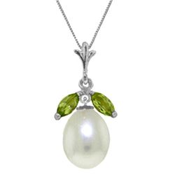 Genuine 4.5 ctw Pearl & Peridot Necklace Jewelry 14KT White Gold - REF-24T3A