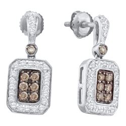 0.50 CTWCognac-brown Color Diamond Rectangle Dangle Earrings 14KT White Gold - REF-67N4F