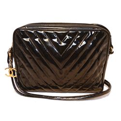 Chanel Vintage Black Patent Leather Chevron Quilted Shoulder Bag