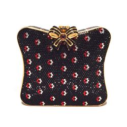 Judith Leiber Black Swarovski Crystal Floral Print Box Minaudiere