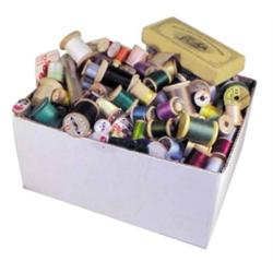 Box of old wooden spools, mostly w/th...