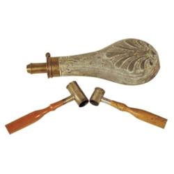 Powder flask, metal w/brass top, embo...