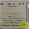 Image 2 : 1951 Canada Silver Dollar - MS63 - ICCS Graded
