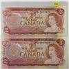 Image 1 : 2 - 1974 Canada Two Dollar Bills - Ser.# ABT0019669 & ABT0019670 - Uncir.