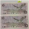 Image 1 : 2 - 1989 Ten Dollar Bills - 'Bird Series' Ser. #'s BED6221769 & ED6221770 - Uncirc.