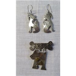 Mexican Earrings & Brooch w/Dogs