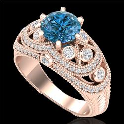 2 CTW Intense Blue Diamond Solitaire Engagement Art Deco Ring 18K Rose Gold - REF-309W3H - 37979