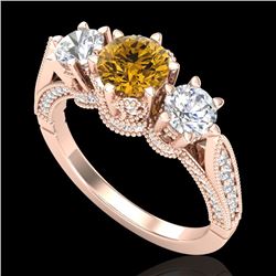 2.18 CTW Intense Fancy Yellow Diamond Art Deco 3 Stone Ring 18K Rose Gold - REF-254M5F - 38114