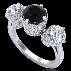 3.06 CTW Fancy Black Diamond Solitaire Art Deco 3 Stone Ring 18K White Gold - REF-294X9T - 37387