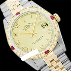 Rolex Ladies Two Tone 14K Gold/SS, Roman Dial & Diam/Ruby Bezel, Saph Crystal - REF-357X8A