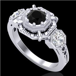 1.01 CTW Fancy Black Diamond Solitaire Art Deco 3 Stone Ring 18K White Gold - REF-96T4X - 37464