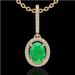 2 CTW Emerald & Micro Pave VS/SI Diamond Necklace Solitaire Halo 18K Yellow Gold - REF-70K9R - 20659