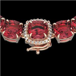 100 CTW Pink Tourmaline & VS/SI Diamond Halo Micro Necklace 14K Rose Gold - REF-982M4F - 23357