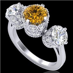 3.06 CTW Intense Fancy Yellow Diamond Art Deco 3 Stone Ring 18K White Gold - REF-390K9R - 37392