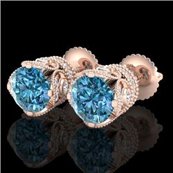 3 CTW Fancy Intense Blue Diamond Solitaire Art Deco Earrings 18K Rose Gold - REF-349R3K - 37419