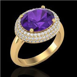 4 CTW Amethyst & Micro Pave VS/SI Diamond Certified Ring 18K Yellow Gold - REF-98X5T - 20903