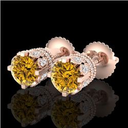 3 CTW Intense Fancy Yellow Diamond Art Deco Stud Earrings 18K Rose Gold - REF-349Y3N - 37365