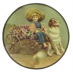 Flue cover, boy in wagon pulled by hi...