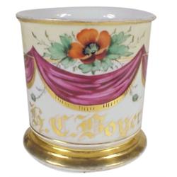 Shaving mug, handpainted purple drape...