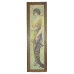 Framed yardlong print, lady in yellow...