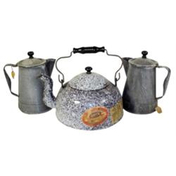 Gray granite coffee pots (2) & brown/...