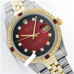 Rolex Men's Two Tone 14K Gold/SS, QuickSet, Diam Dial & Diam/Ruby Bezel - REF-557M4F