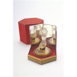 CARAY Paris - Parfumflakon, - farbloses Glas. Flacher, runder Flakon mit Stopfen in Form eines...