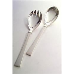HANS HANSEN, Kopenhagen - Salatbesteck, - Silber. 2-tlg. Schwach konvexer Schaft mit geradem Ab...