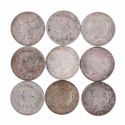 Lot of (9) $1 Peace Silver Dollar Coins