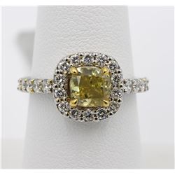 14KT Two Tone Gold 2.24 ctw Halo Fancy Yellow Cushion and Round Diamond Ring