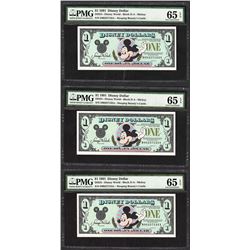 Lot of (3) Consecutive 1991 $1 Disney Dollars Notes PMG Gem Uncirculated 65EPQ