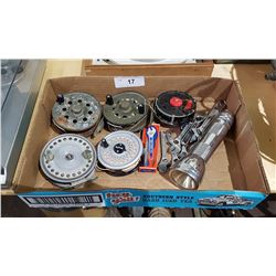 BOX LOT MISC FISHING REELS, WRENCHES ETC.