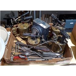 BOX LOT ANTIQUE BLOW TORCHES ETC