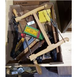 BOX LOT ANTIQUE HAND TOOLS, PLANES, WOOD CARPENTER RULES