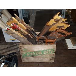 VINTAGE CANADA DRY CRATE WITH COLLECTION OF HANDSAWS