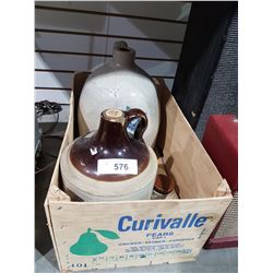 WOOD BOX W/3 STONEWARE JUGS