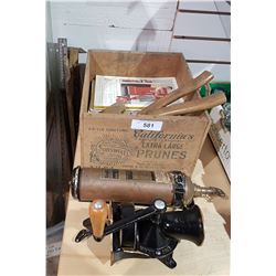 VINTAGE CALIFORNIA PRUNE BOX, NATIONAL GEOGRAPHICS, HATCHETS ETC