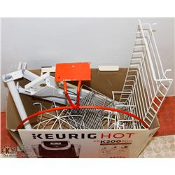 BOX OF ASSORTED WHITE METAL SHELF UNITS, CLOSET