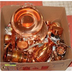 BOX OF SOLID COPPER COLLECTIBLES AND MORE.