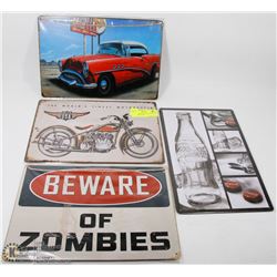 LOT OF 4 ASSORTED TIN SIGNS INCL ZOMBIE AND COKE