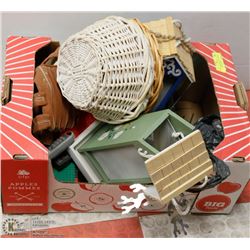 BOX OF MISC AND OUTDOOR INCL 2 NEW BIRDFEEDERS,