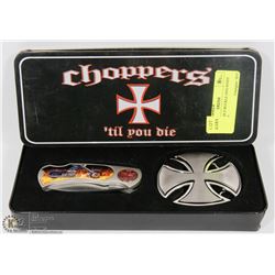 COPPER BELT BUCKLE AND KNIFE SET IN TIN