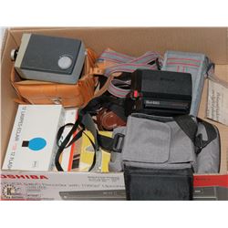BOX W/ 5 VINTAGE CAMERAS, 1 FLASH ATTACHMENT, AND