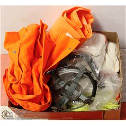 LARGE FLAT WITH SAFETY GLOVES, VESTS, RAIN GEAR