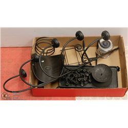 BOX OF BLACK STEEL CANDLE HOLDERS, NAPKIN HOLDER